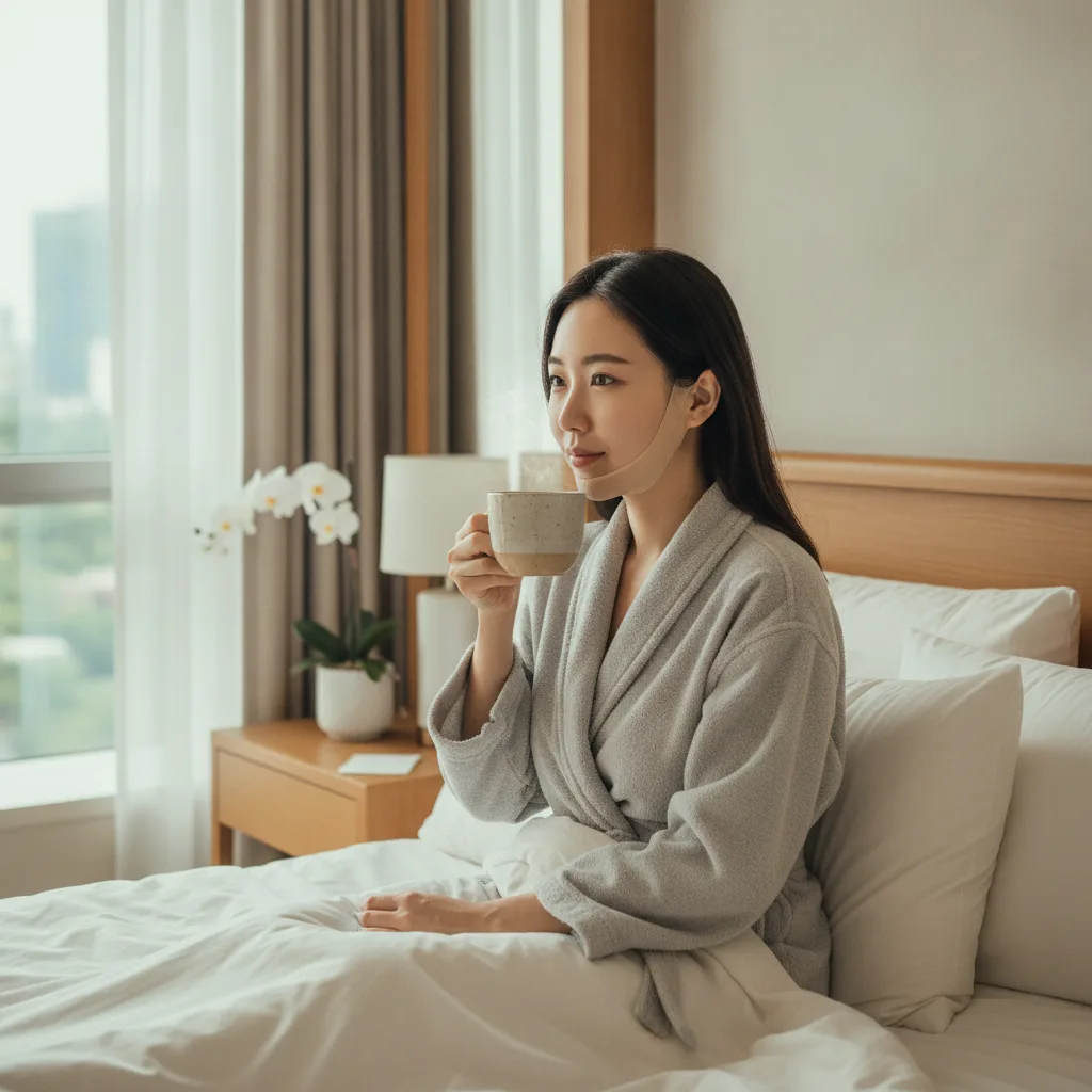 Southeast Asian woman recovering in a Seoul plastic surgery hospital private suite with a compression band and warm broth