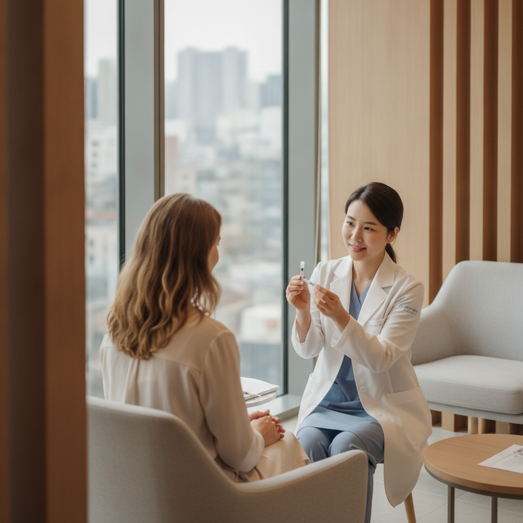 Foreign patient in consultation with a Korean aesthetic doctor discussing dermal filler options in a Gangnam clinic