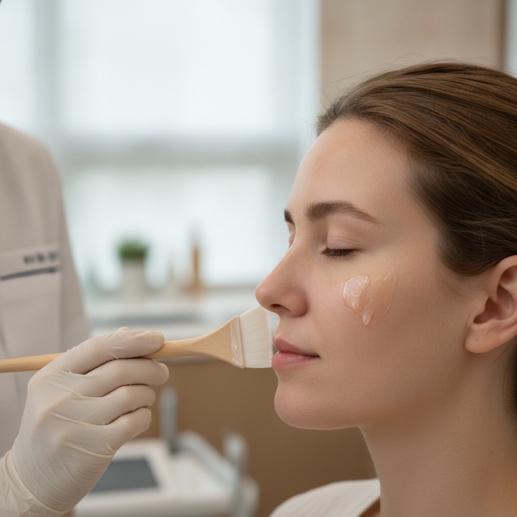 Close-up of a nurse applying a clear chemical peel solution to a patient's cheekbone with a small fan brush