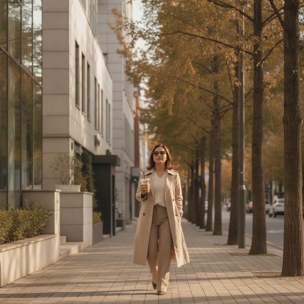 A mixed-race Asian European woman walking a quiet Apgujeong side street in Seoul with an iced coffee after an aesthetic clinic visit