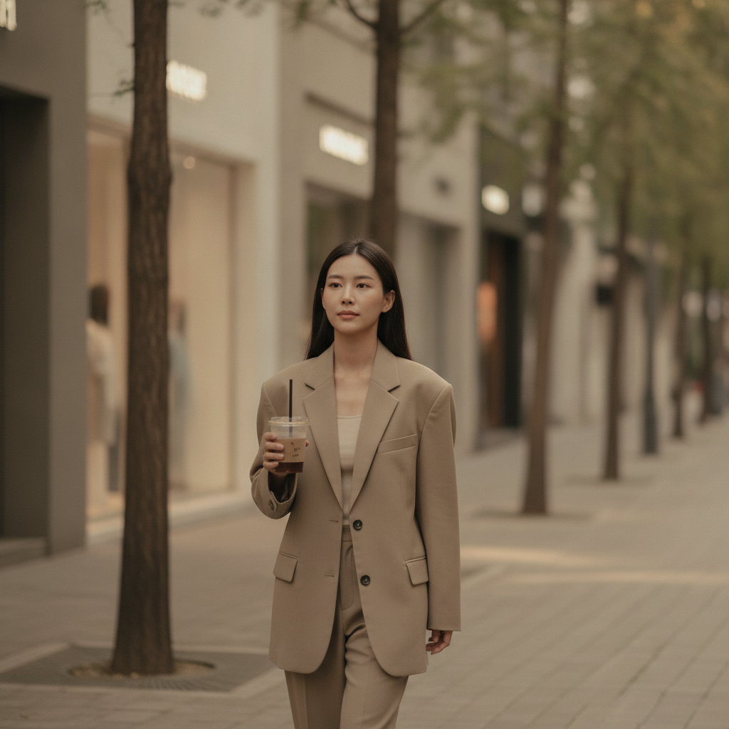 A patient walks through the Apgujeong district in Seoul after a fat-dissolving injection session, showing a defined jawline