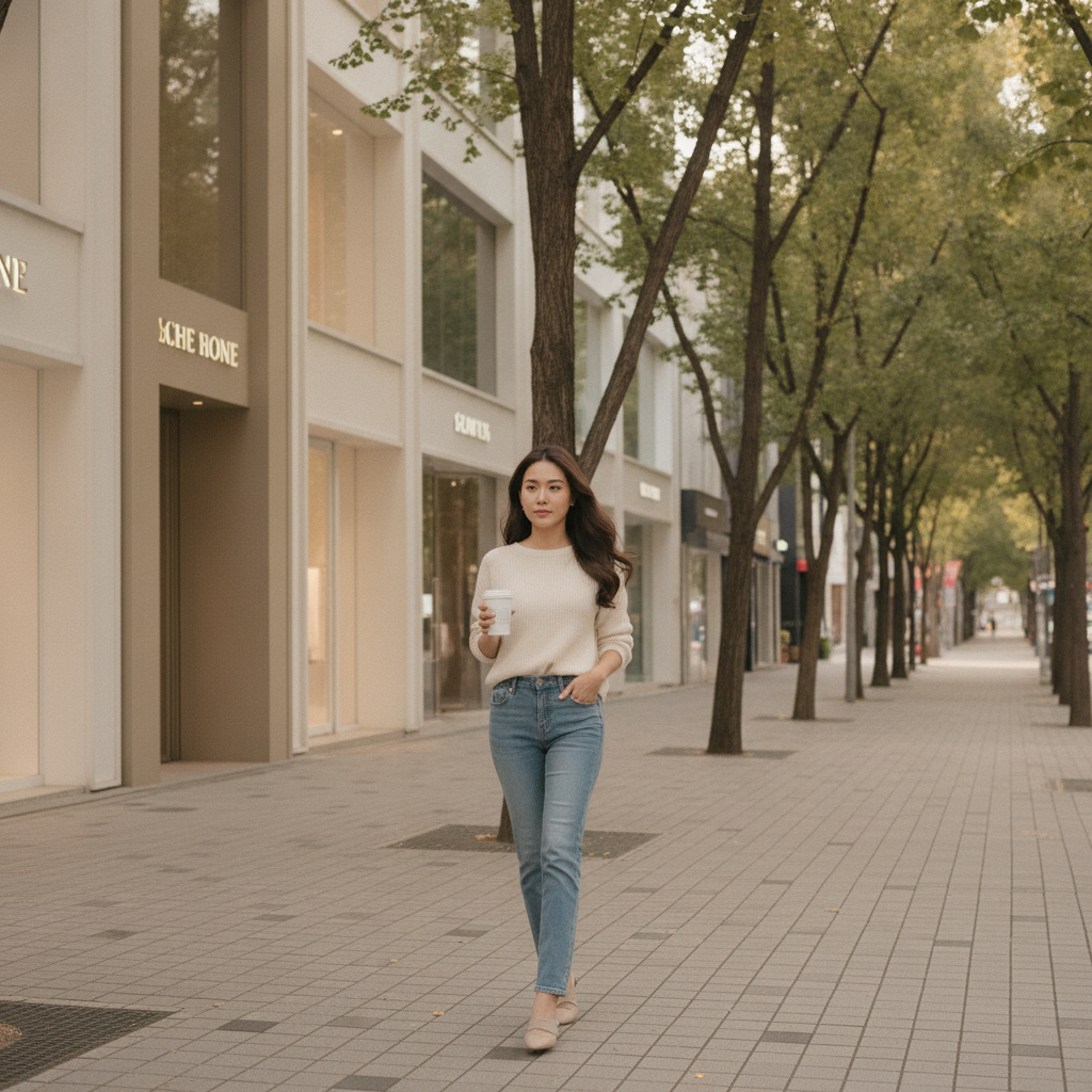 Woman walking through Apgujeong with post-treatment skin glow