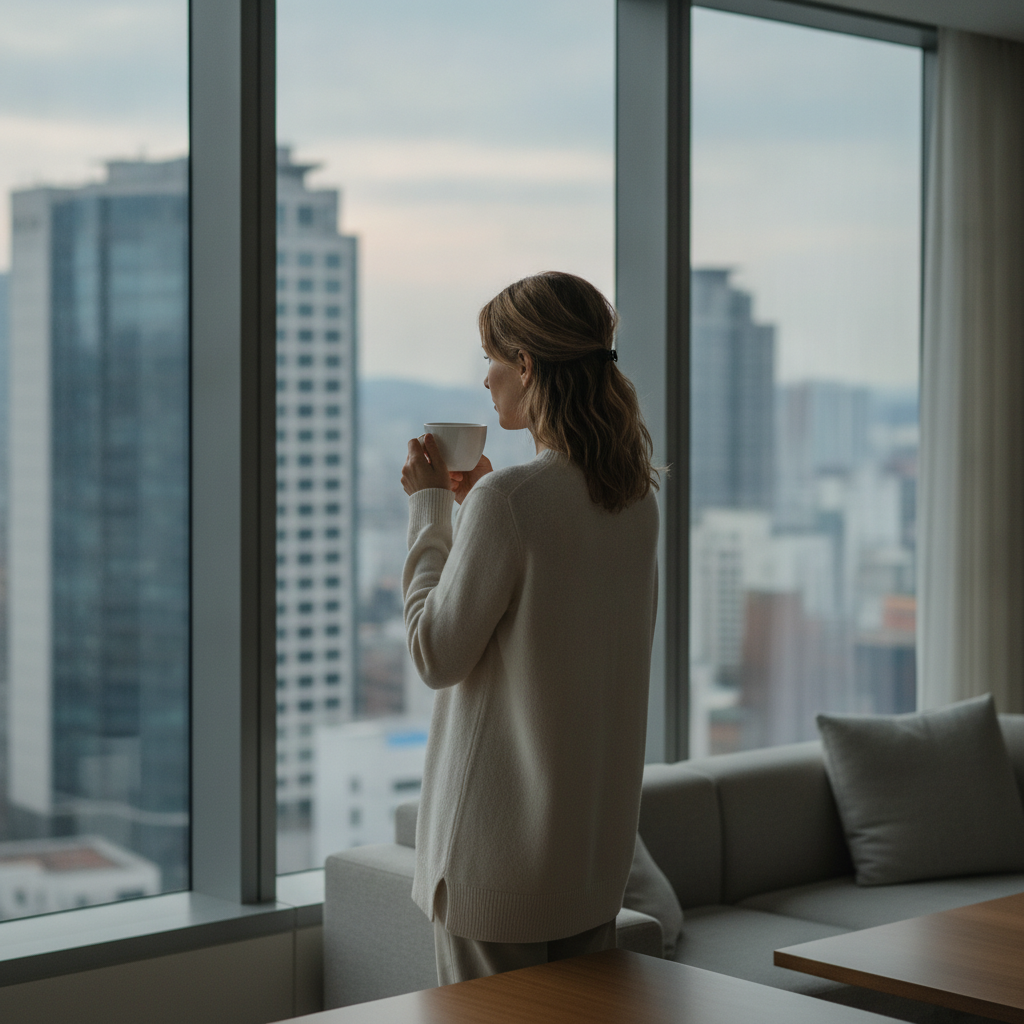 Woman in cream sweater looking out an Apgujeong window after a Seoul plastic surgery consultation