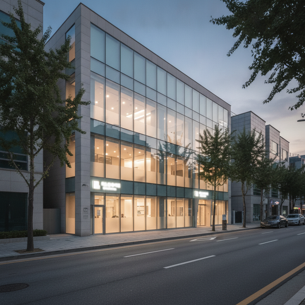 Modern Gangnam plastic surgery clinic exterior at dusk with soft interior lighting