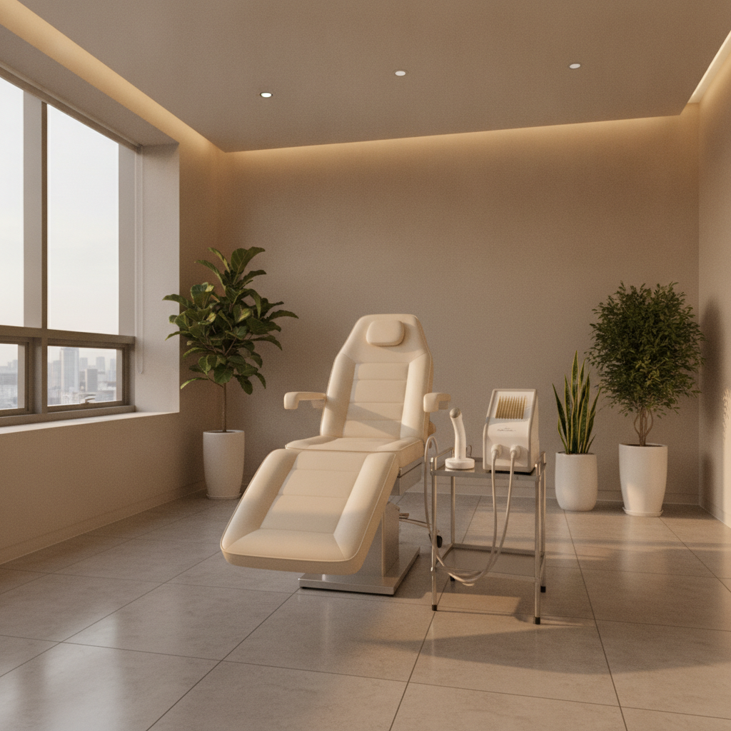Modern Apgujeong aesthetic clinic treatment room at golden hour with a HIFU ultrasound handpiece and a gold-tipped RF microneedling device placed side by side on a stainless tray