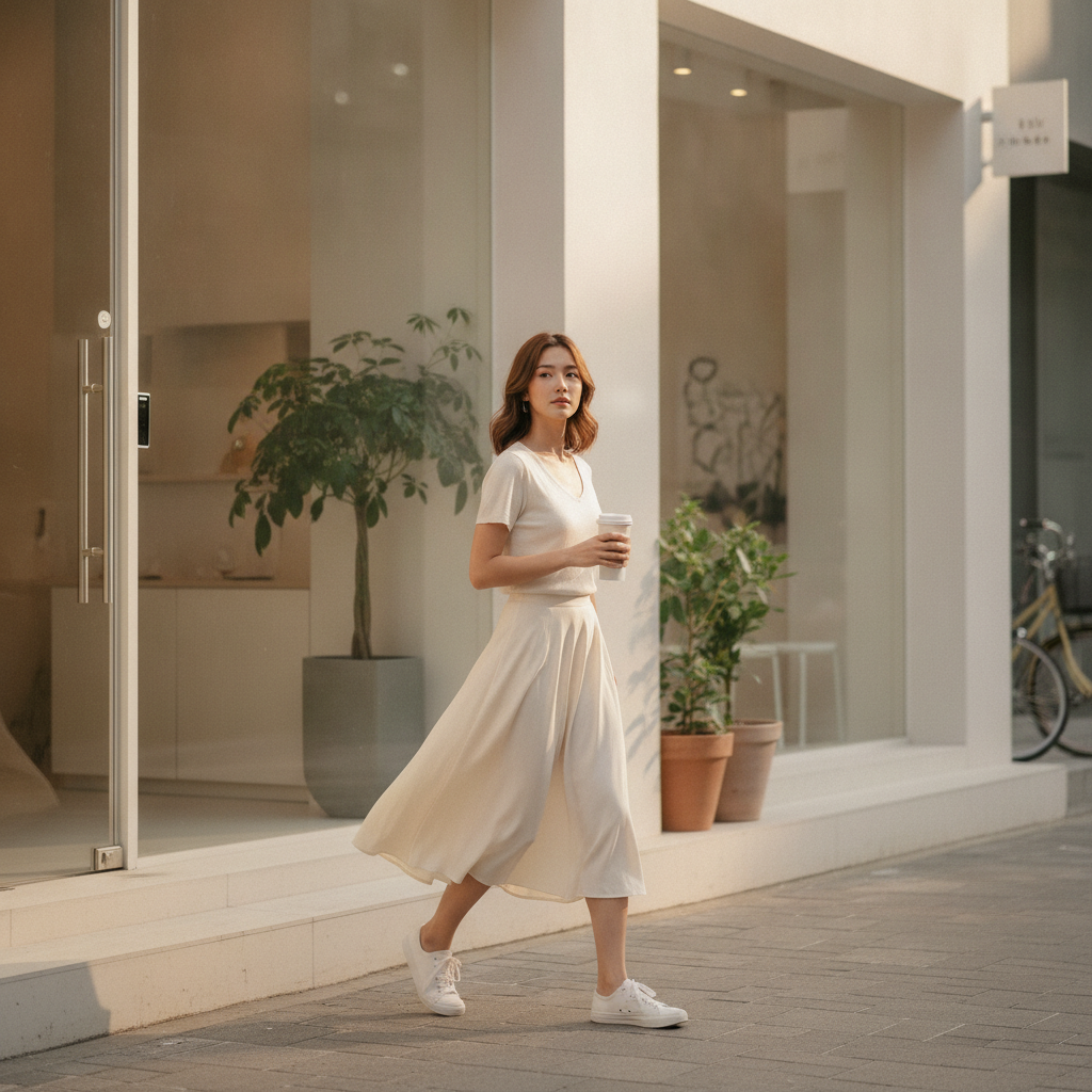 Woman walking down an Apgujeong street in Seoul, slim taper visible in her calves post-treatment.