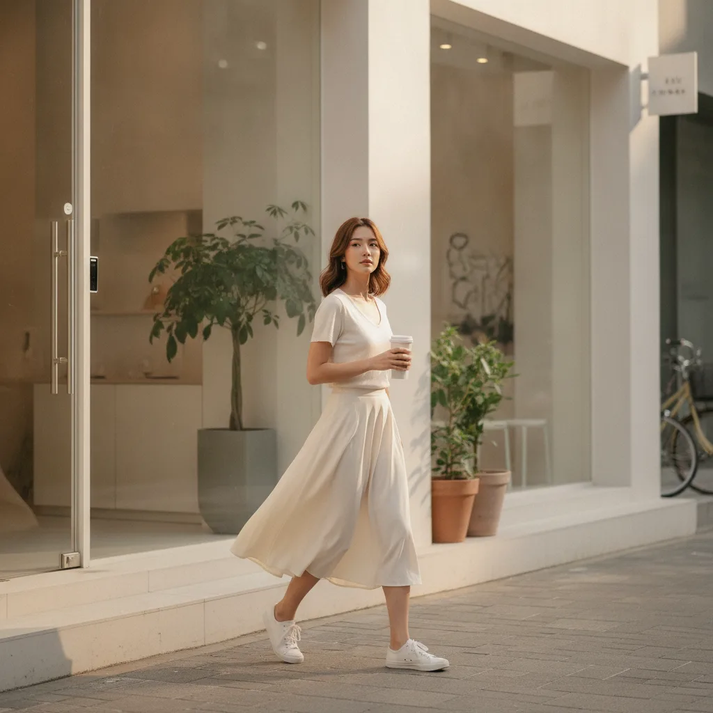 Woman walking down an Apgujeong street in Seoul, slim taper visible in her calves post-treatment.