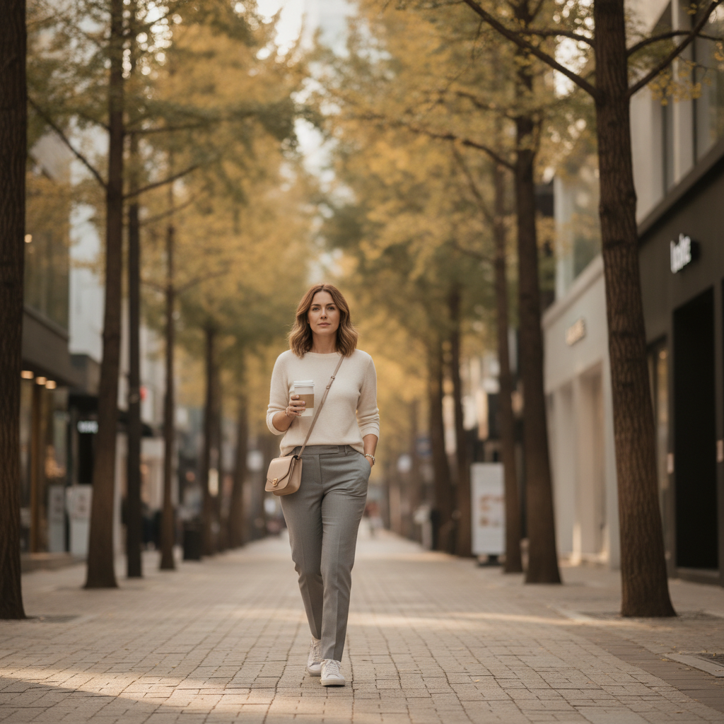 Woman walking down an Apgujeong street in Seoul after a Botox appointment