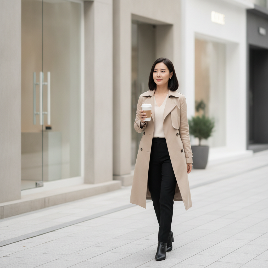 Woman walking down a quiet Cheongdam side street holding a paper coffee cup post-treatment