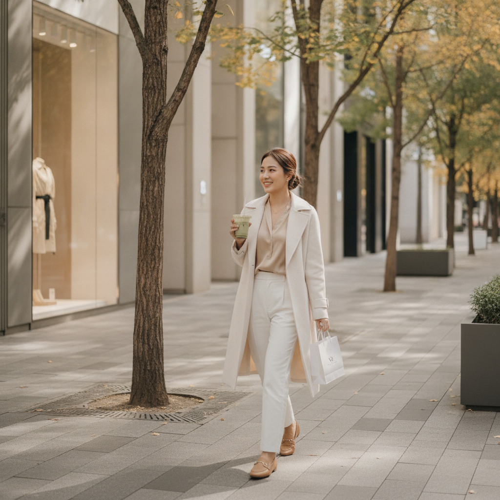 Woman walking on a tree-lined Cheongdam street in Seoul with a matcha latte after an aesthetic clinic visit
