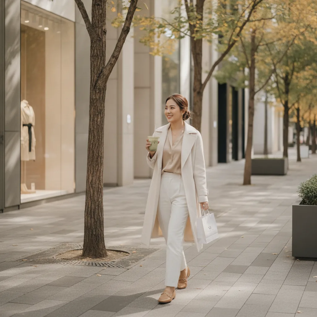 Woman walking on a tree-lined Cheongdam street in Seoul with a matcha latte after an aesthetic clinic visit