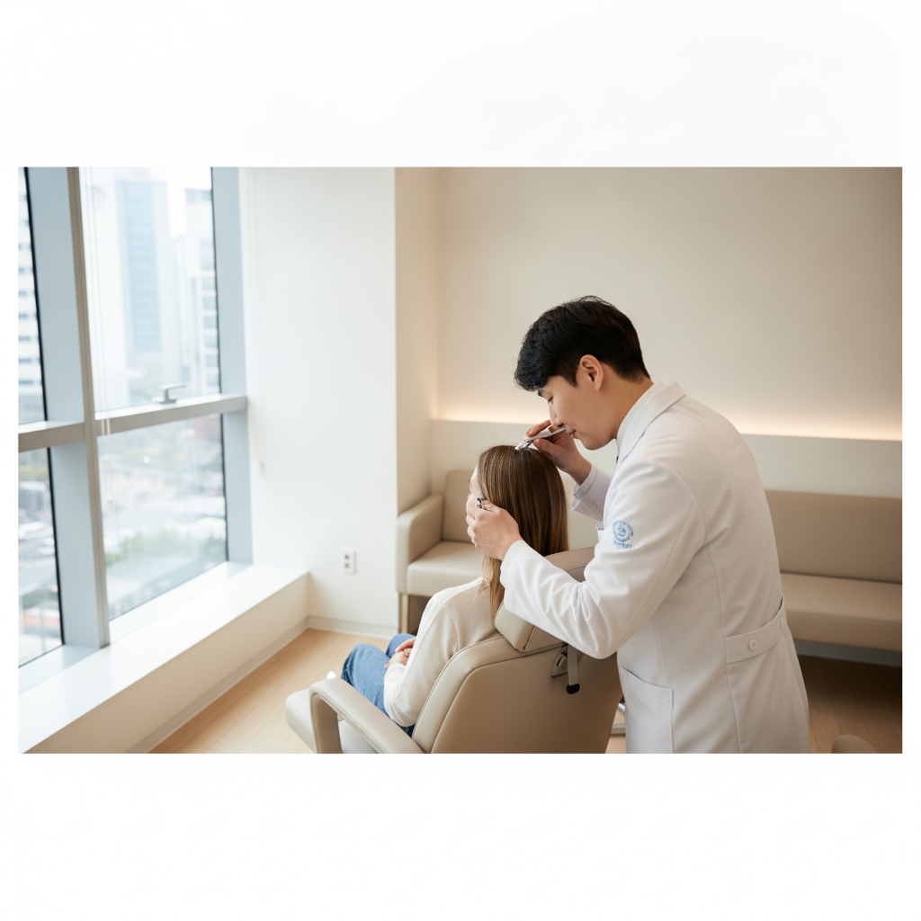 Dermatologist examining a patient's scalp during a hair loss consultation at a Gangnam aesthetic clinic in Seoul