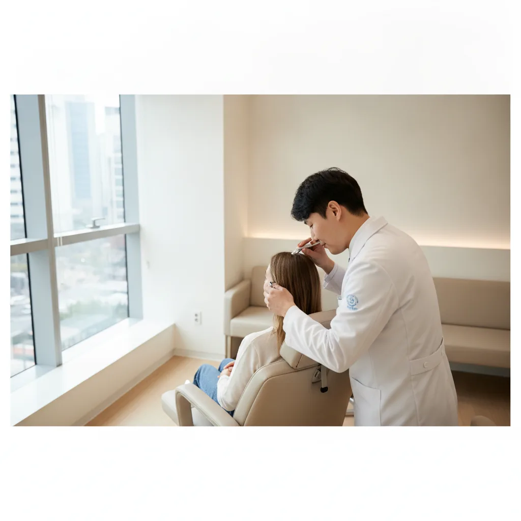 Dermatologist examining a patient's scalp during a hair loss consultation at a Gangnam aesthetic clinic in Seoul