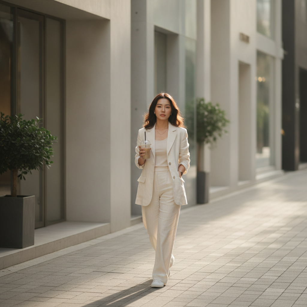 Woman walking a quiet Apgujeong side street in Seoul after an aesthetic treatment.