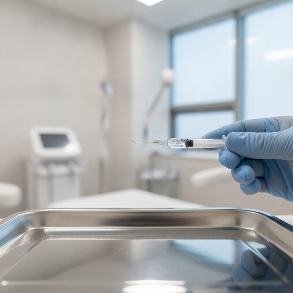 Close-up of a fine 32-gauge insulin syringe being prepared with baby botox on a stainless steel tray in a Seoul clinic