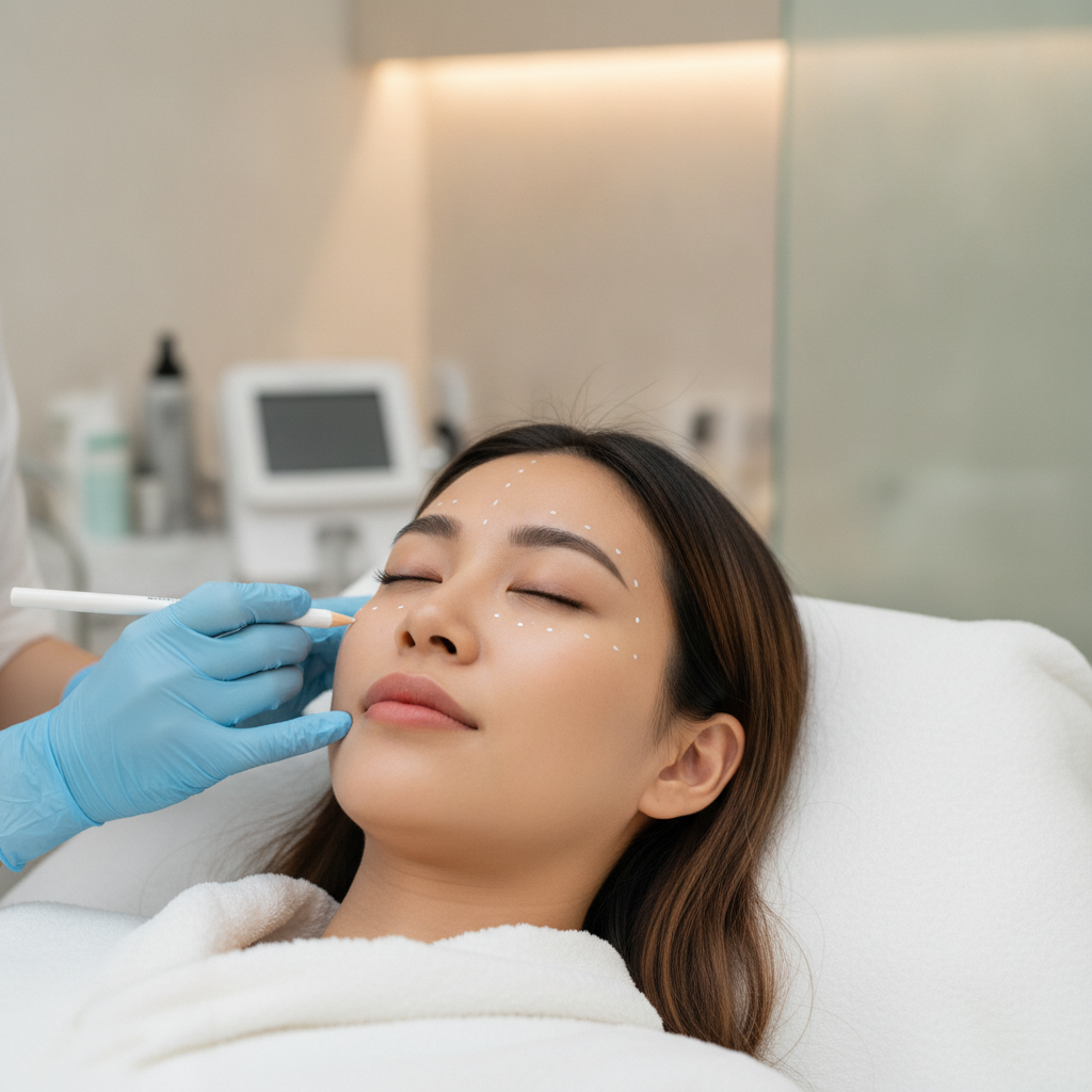 Practitioner marking injection points on a patient's cheek before a skin booster session at a Seoul aesthetic clinic