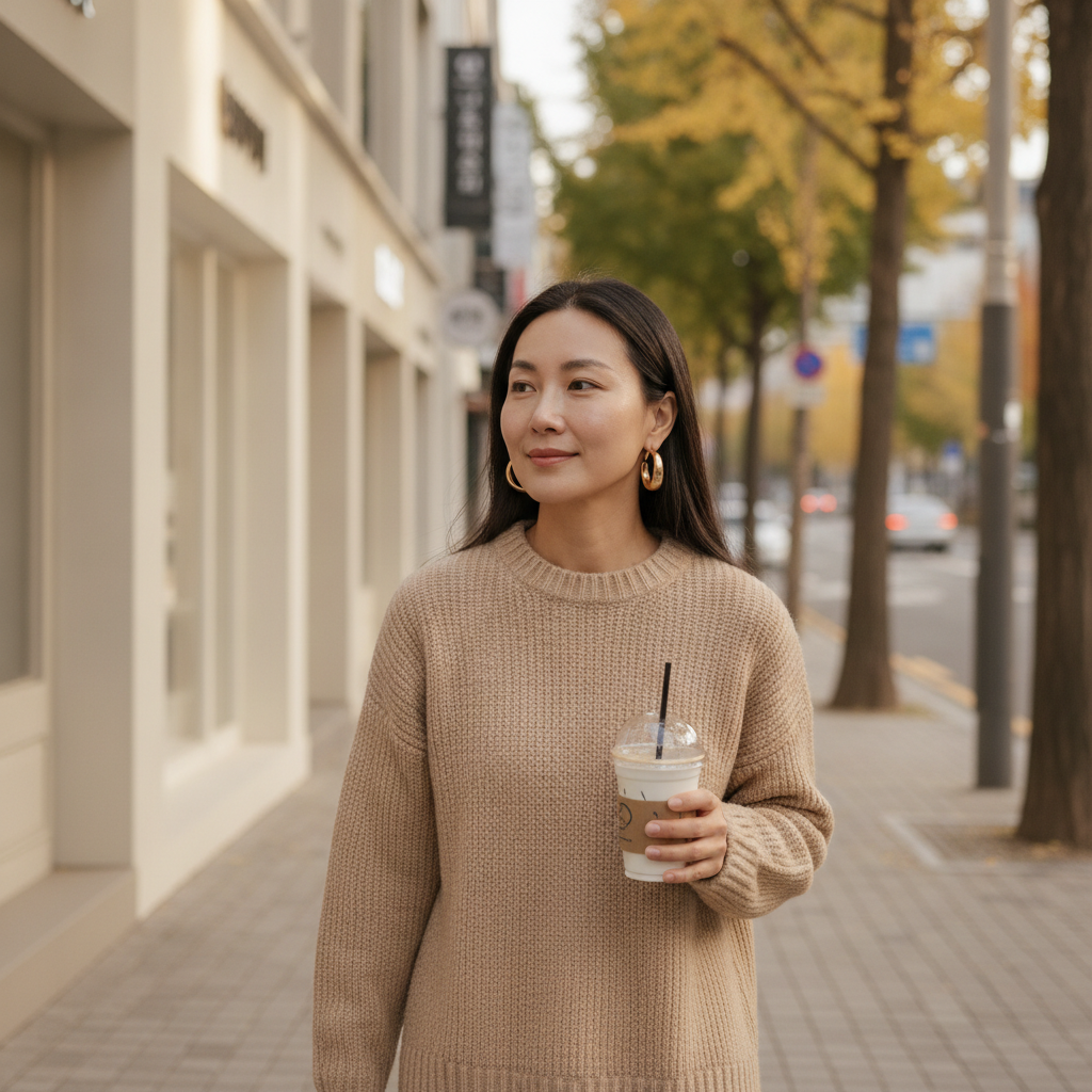 Woman walking an Apgujeong street after a subtle lip flip treatment