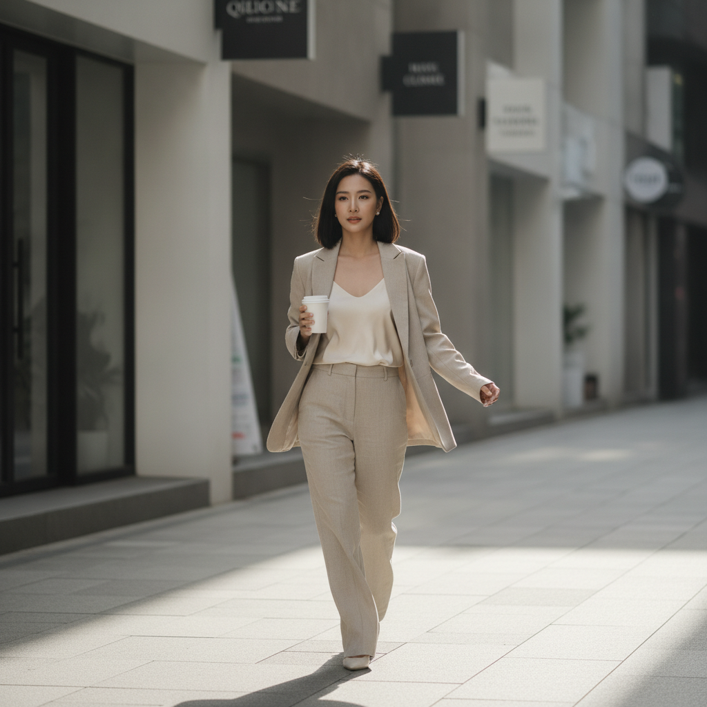 Thai woman walking an Apgujeong street after a face-slimming treatment
