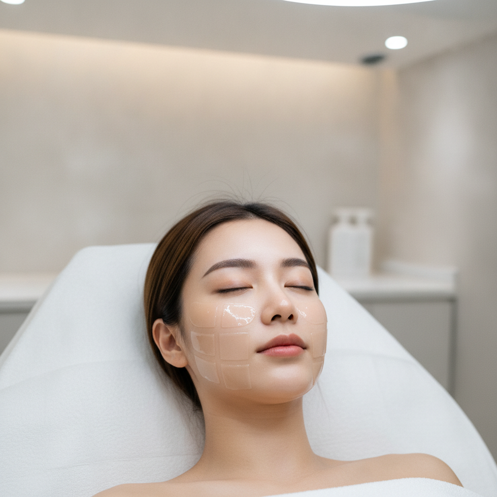 Foreign patient lying on a treatment bed in a Seoul aesthetic clinic with numbing cream applied to the cheeks and lower face