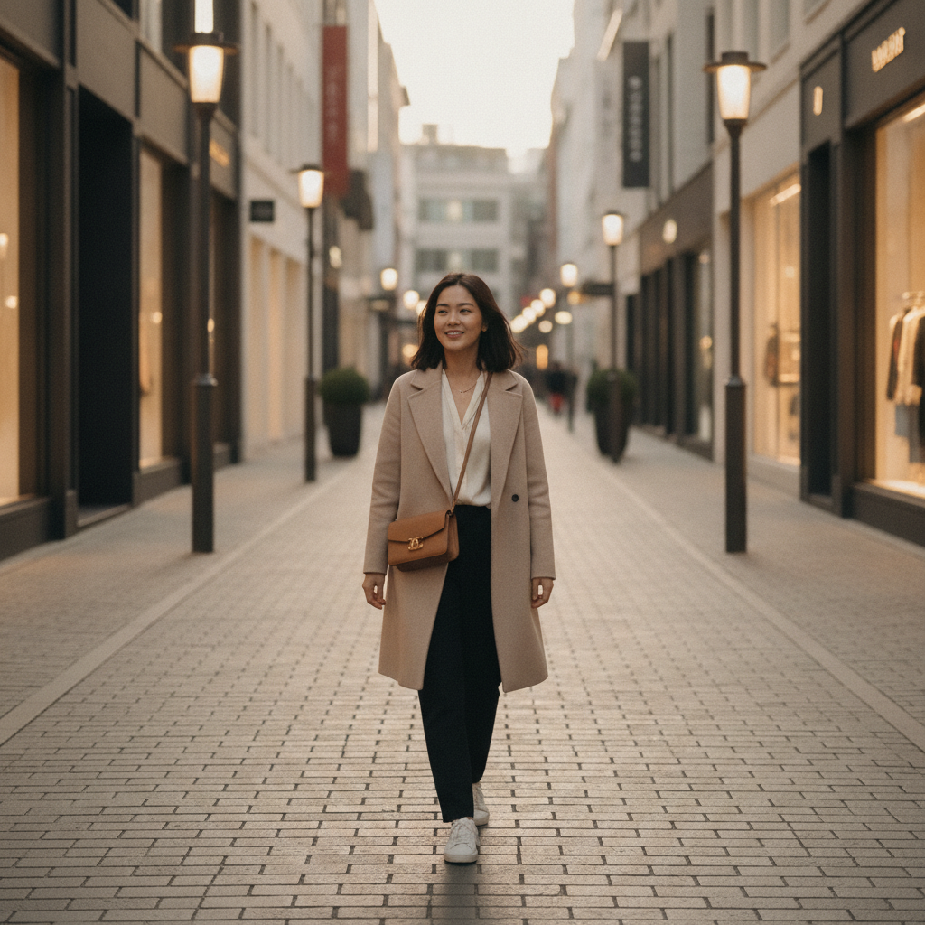 Southeast Asian woman walking through Cheongdam luxury district in Seoul after a plastic surgery consultation