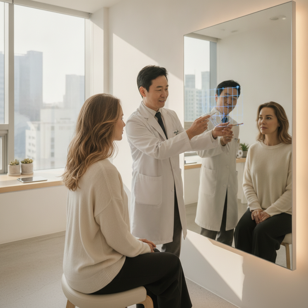 Aesthetic doctor mapping baby botox injection points on a woman's forehead in a Gangnam clinic consultation room