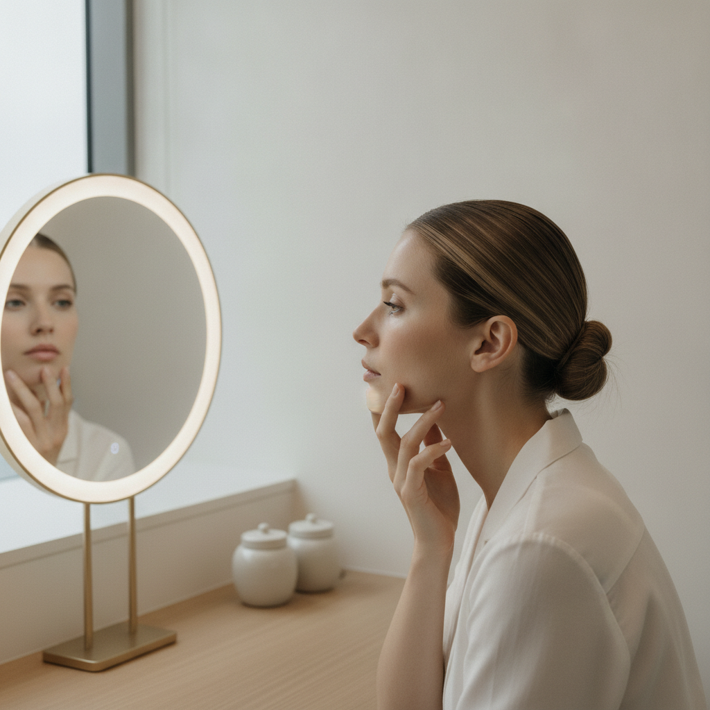 Woman examining her lower cheek and jawline in a Gangnam consultation room mirror