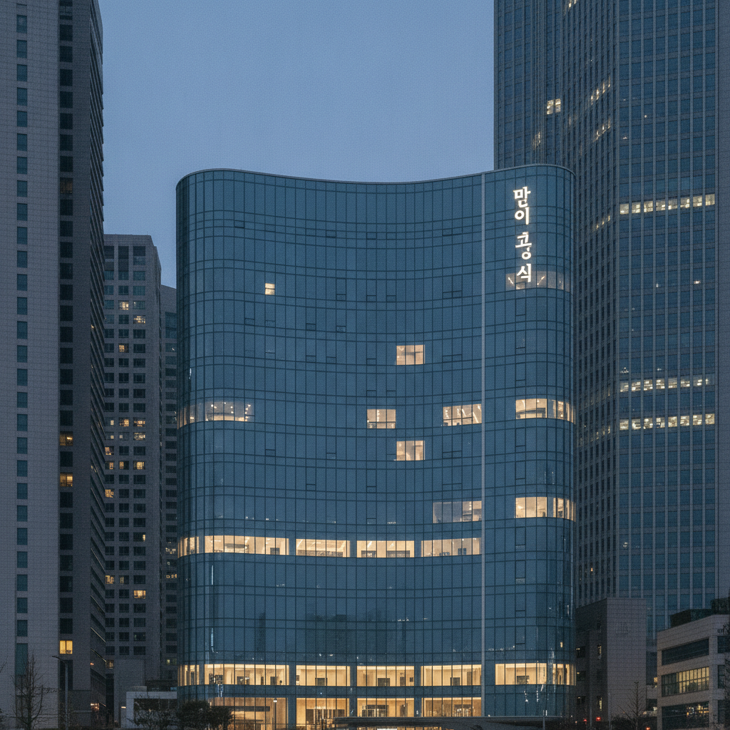 Modern aesthetic hospital exterior in Gangnam, Seoul at dusk with a glass facade and glowing interior lights