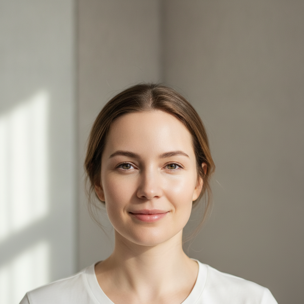 Caucasian woman in her early thirties smiling naturally in a Gangnam Seoul consultation room, soft aegyo-sal pouch visible under her lower lash line