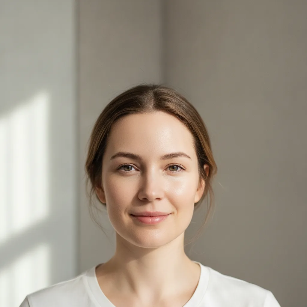 Caucasian woman in her early thirties smiling naturally in a Gangnam Seoul consultation room, soft aegyo-sal pouch visible under her lower lash line