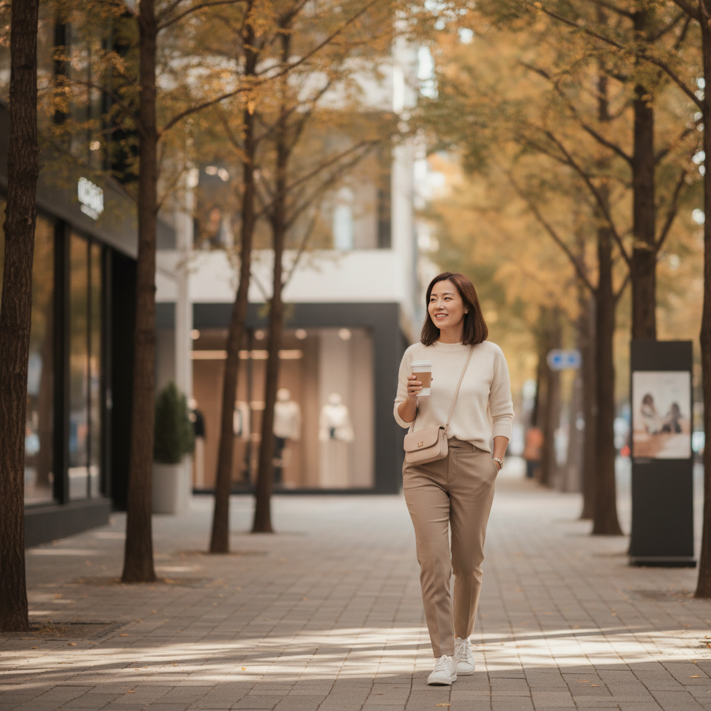 Woman walking an Apgujeong street holding a coffee after an aesthetic appointment