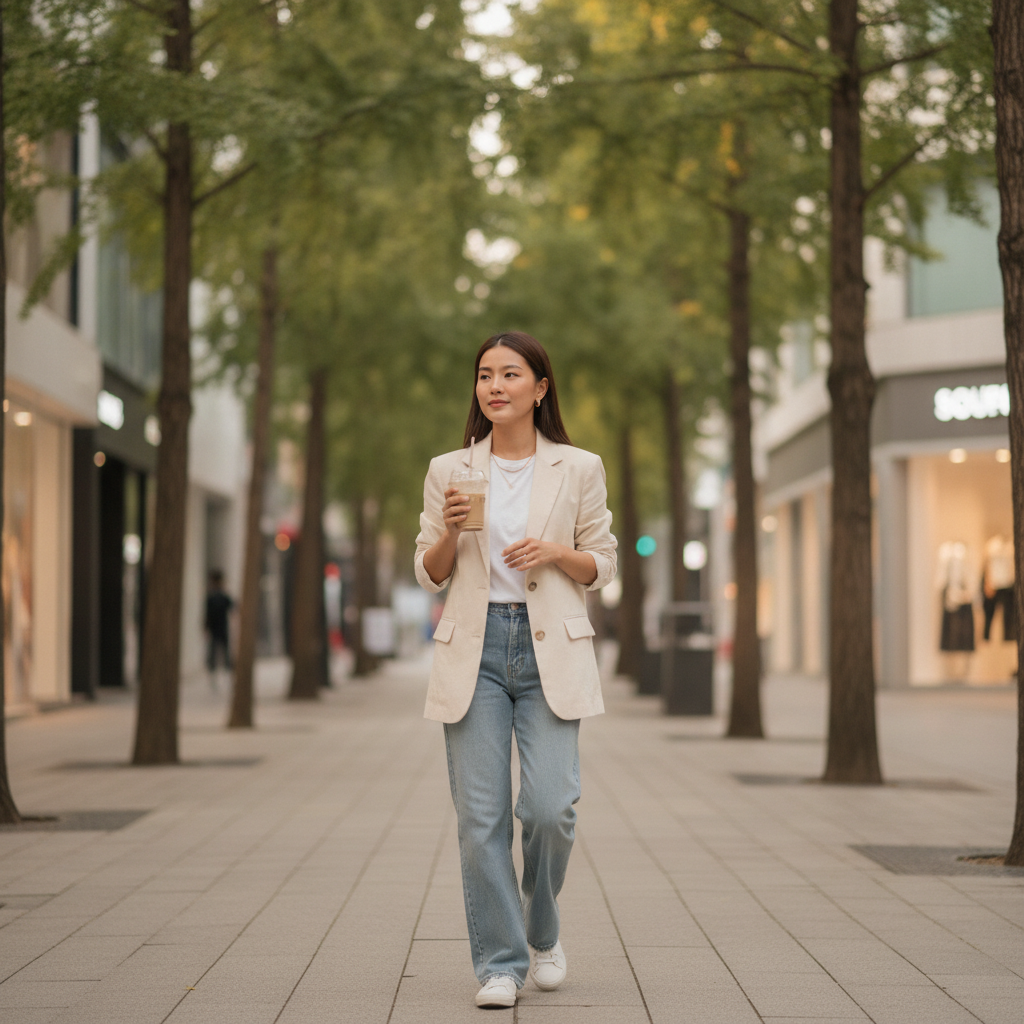 A woman walking down an Apgujeong street after a chemical peel treatment, glowing skin, iced coffee in hand