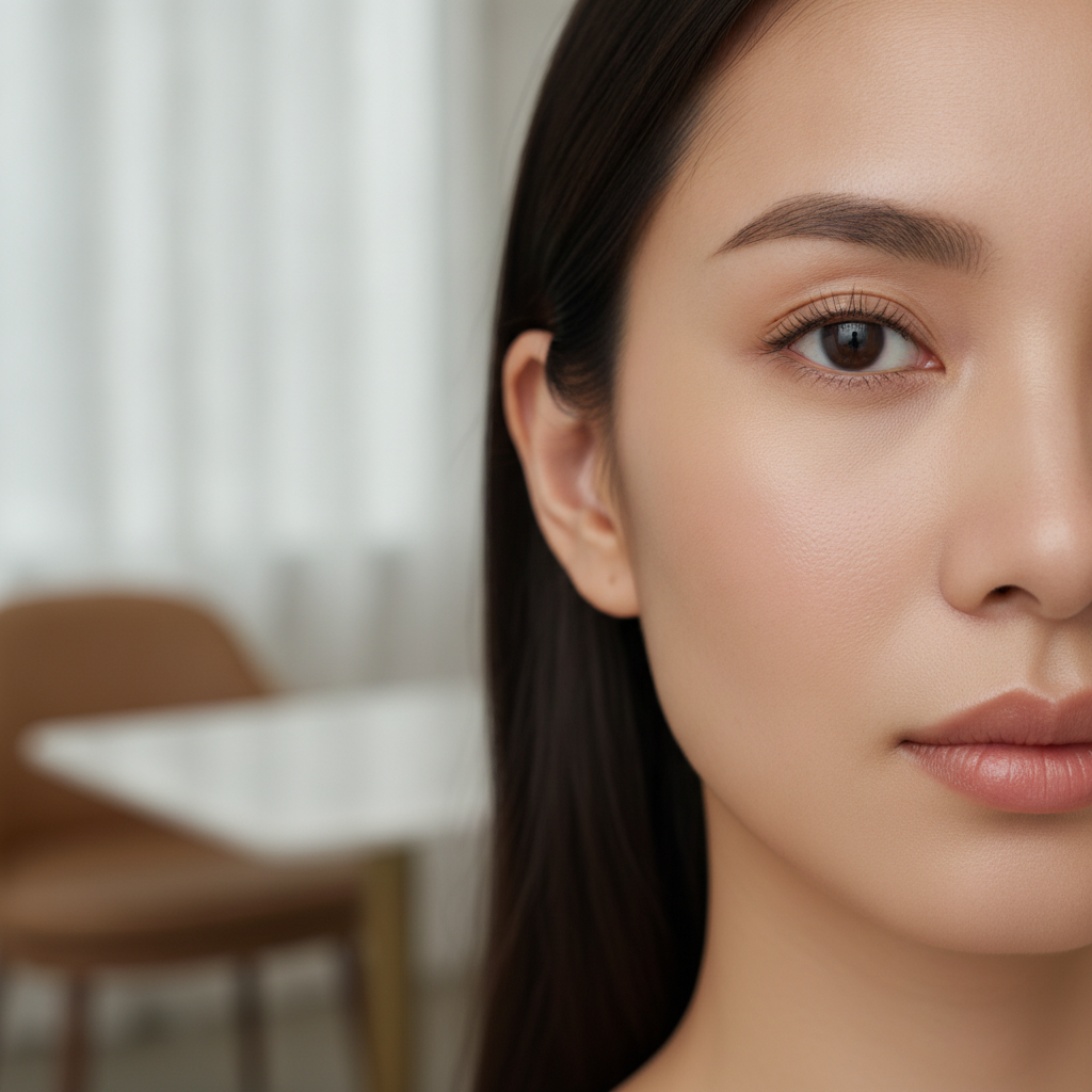 Close-up of a Thai woman's cheek showing refined pores and a soft matte finish after micro Botox