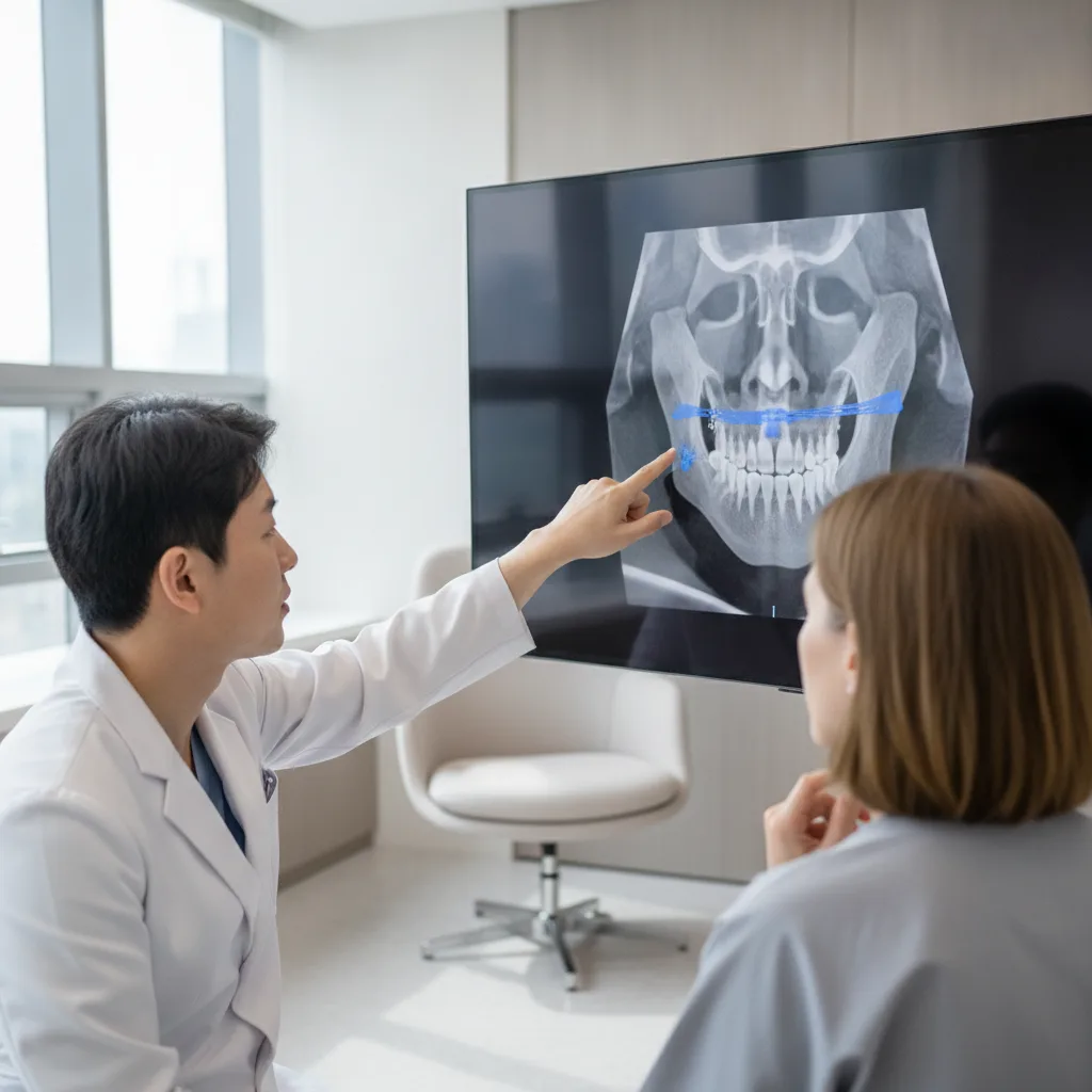 Korean plastic surgeon in white scrubs discussing a 3D CT scan of a jaw with a patient in a Seoul consultation room