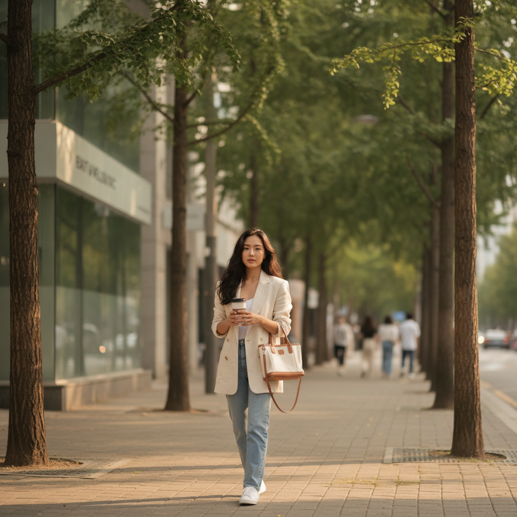 Woman walking down a leafy Apgujeong sidewalk in Seoul after a scalp injection appointment