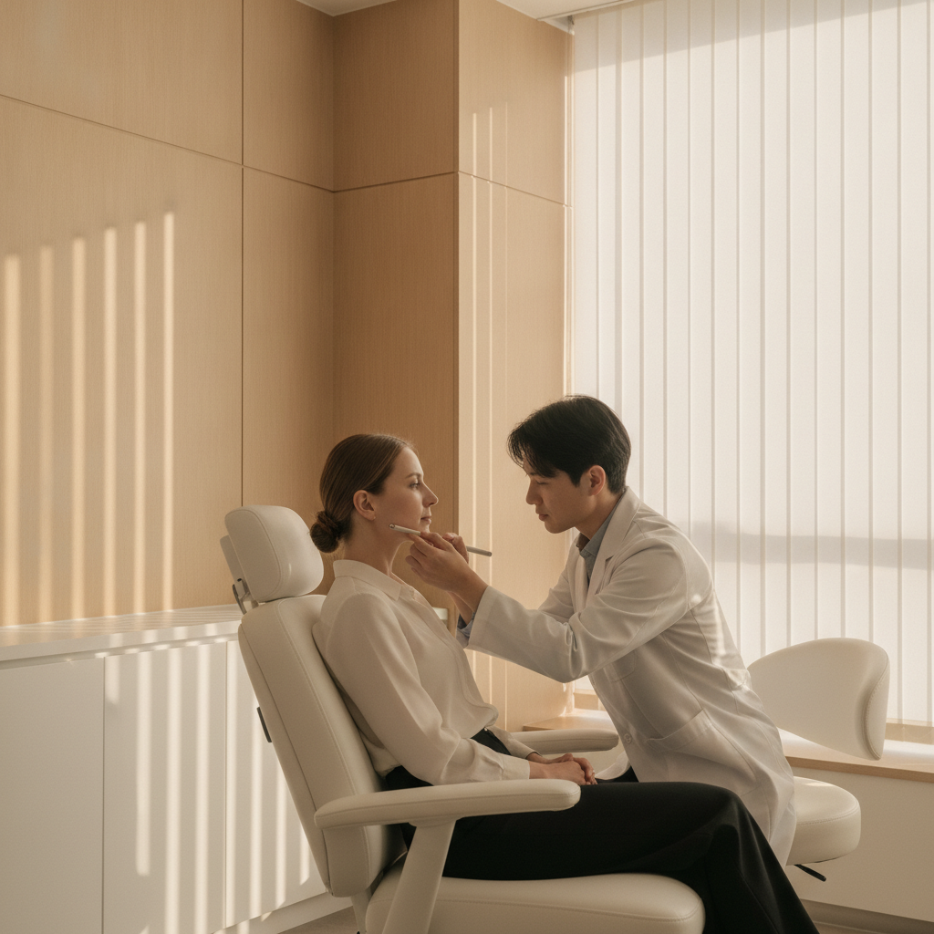 Caucasian woman in her thirties seated in a modern Gangnam aesthetic clinic consultation room while a doctor examines her lower face for filler assessment