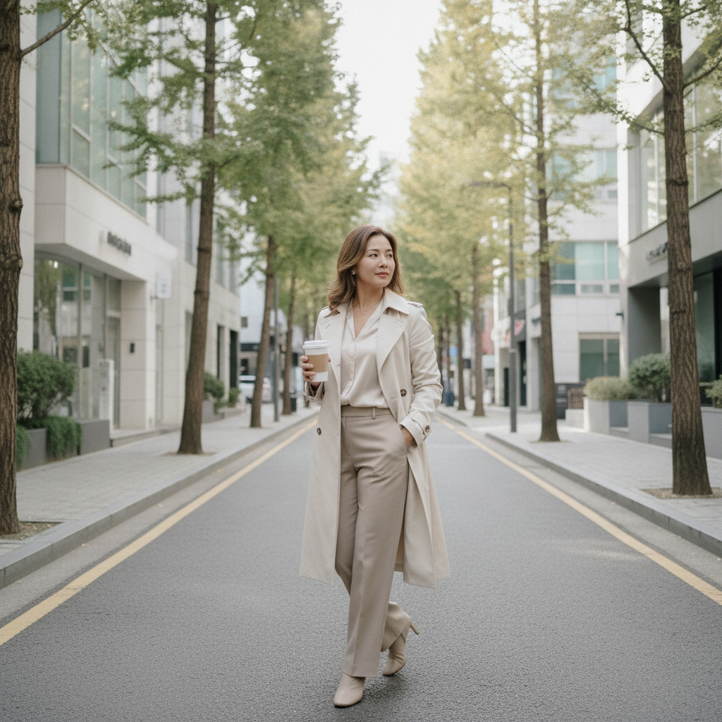 Woman walking on a quiet Apgujeong side street after a hand rejuvenation appointment in Seoul