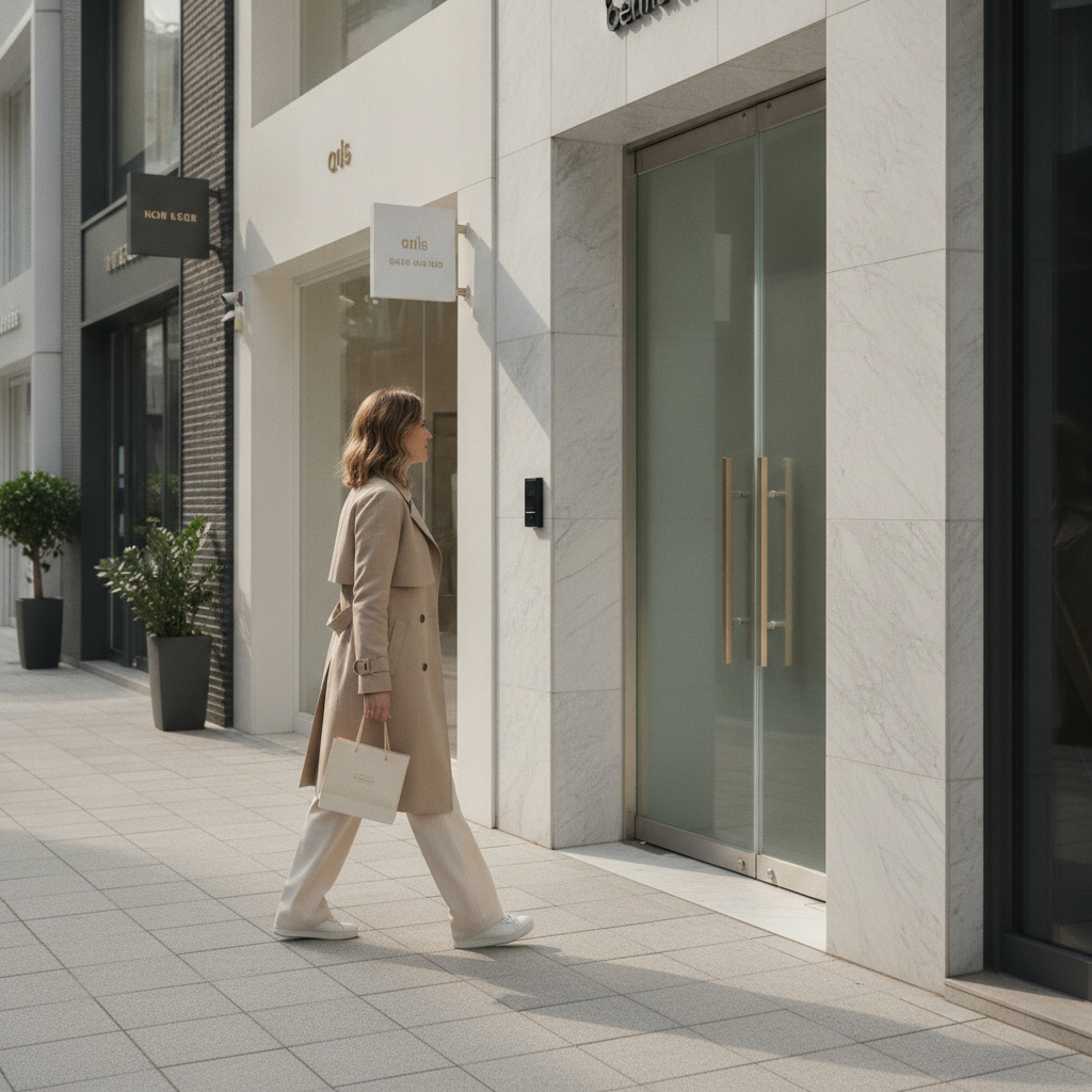 Woman walking past a marble aesthetic clinic entrance on a Cheongdam luxury street in Gangnam, Seoul