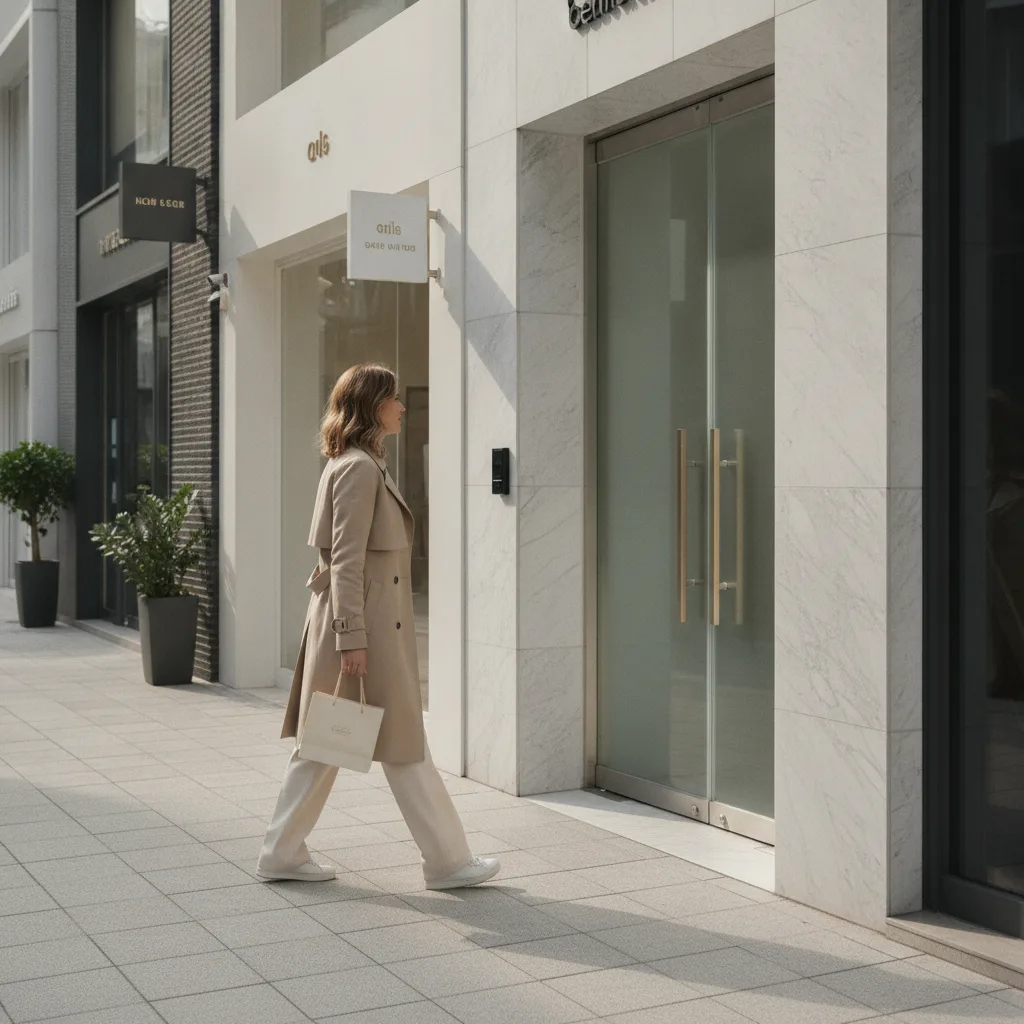Woman walking past a marble aesthetic clinic entrance on a Cheongdam luxury street in Gangnam, Seoul