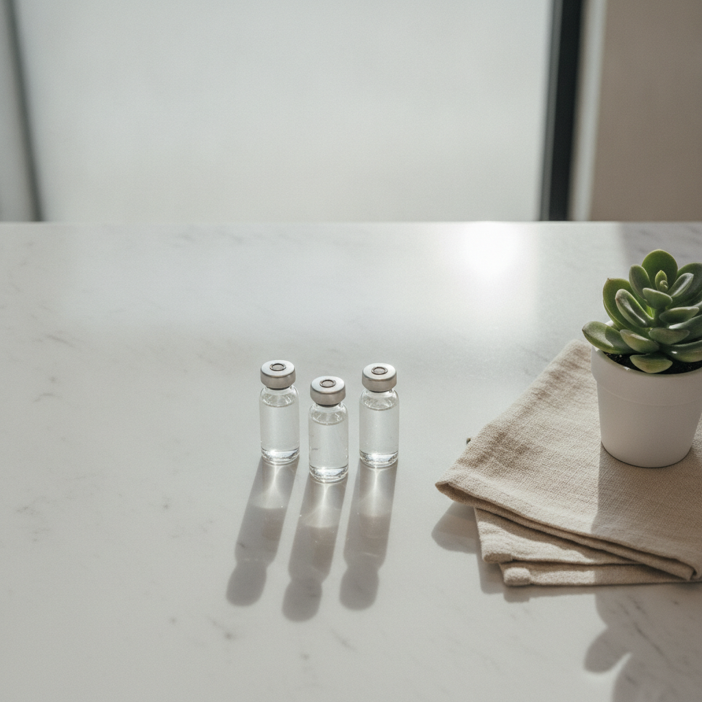 Three unbranded neutral botulinum toxin vials on a white marble Seoul clinic counter