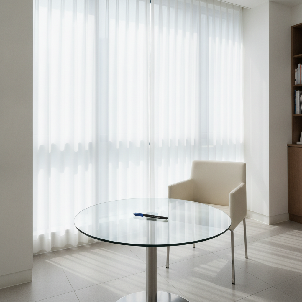 Minimalist Seoul plastic surgery consultation room with natural light and a single surgical marking pen on a glass table