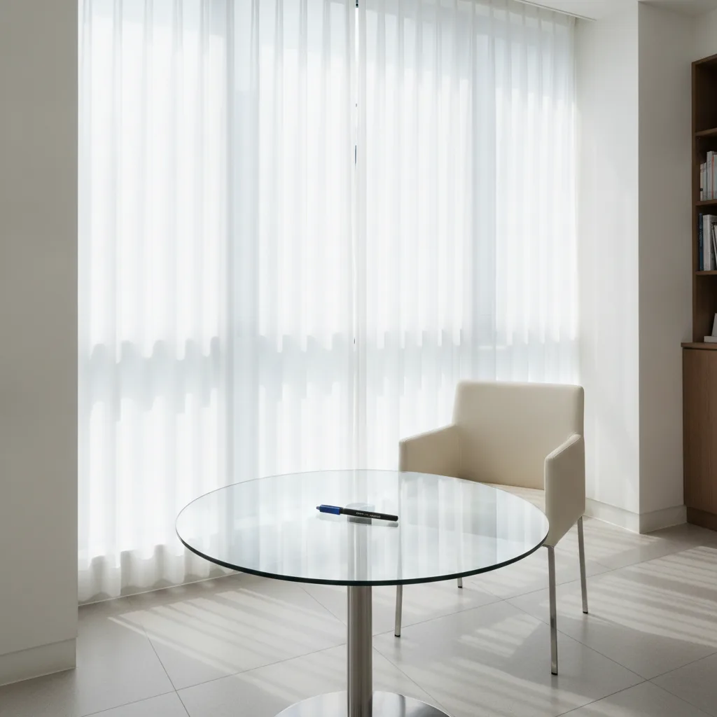 Minimalist Seoul plastic surgery consultation room with natural light and a single surgical marking pen on a glass table
