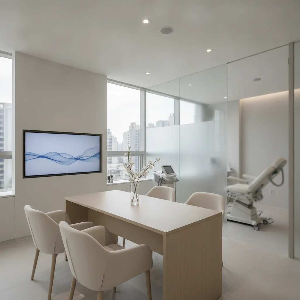 Modern Seoul plastic surgery consultation room in Gangnam, natural daylight, minimal styling