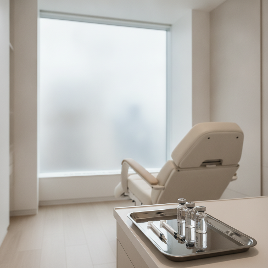 Vials of clear fat-dissolving injectable and thin needles on a stainless steel tray in a Seoul aesthetic clinic treatment room