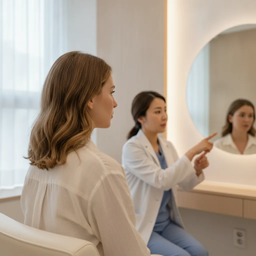Aesthetic clinic consultation in Gangnam, doctor pointing to nose bridge lines in a mirror