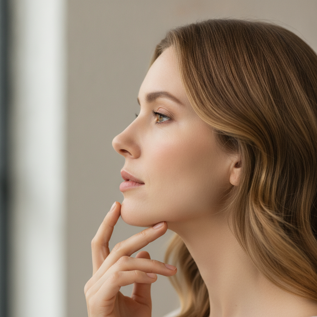 Caucasian woman in her early thirties touching her jawline along the masseter muscle in a soft-lit consultation setting