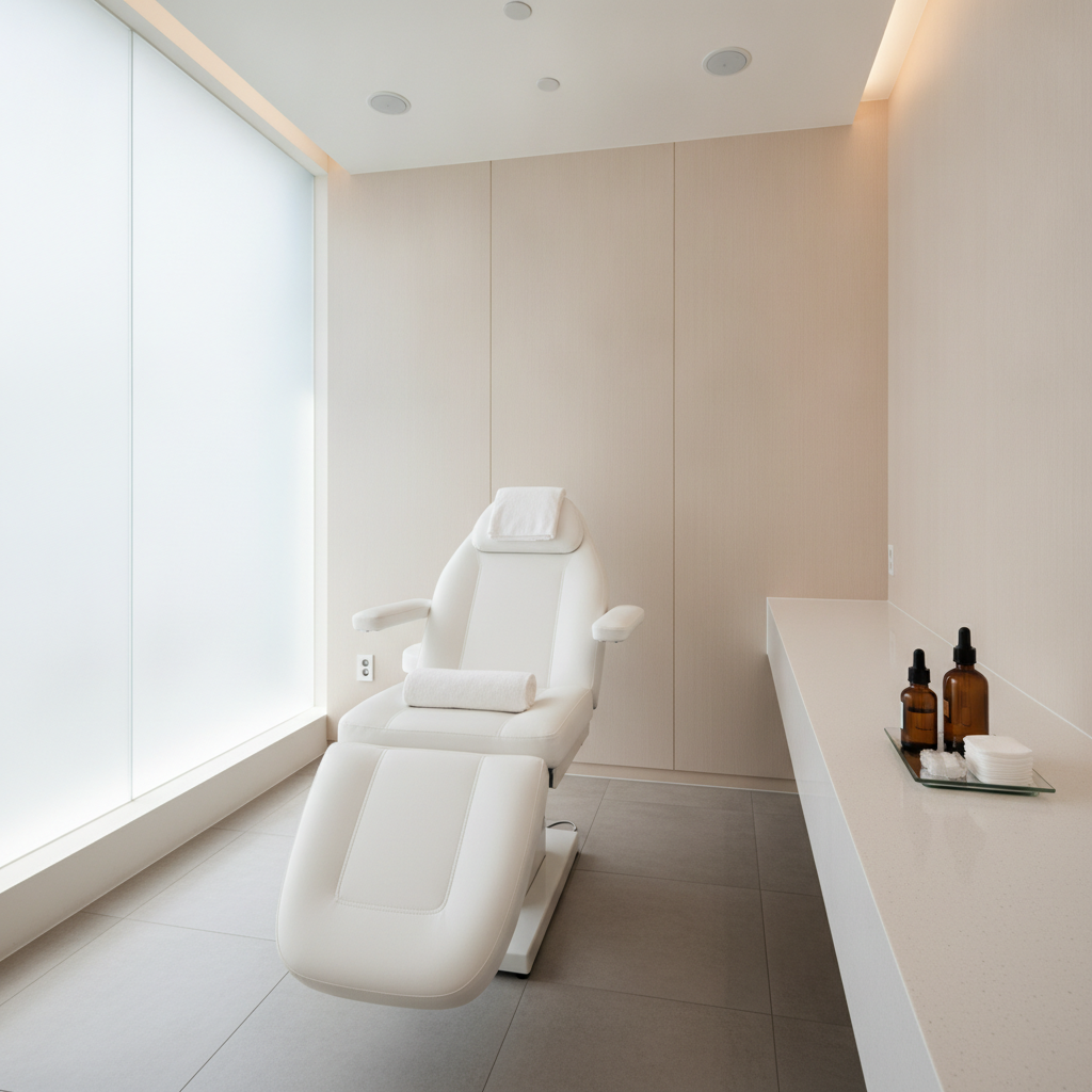 Modern Korean aesthetic clinic treatment room with reclining chair, soft daylight, minimalist neutral palette