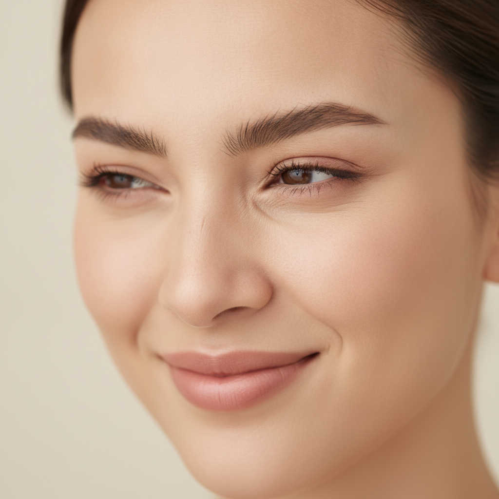 Close-up of a woman scrunching her nose revealing diagonal wrinkles on the nose bridge
