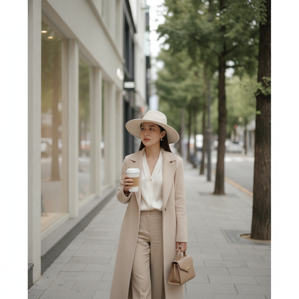 A woman with hydrated glowing skin walking a quiet Apgujeong street after a chemical peel appointment, wearing a wide-brim hat.