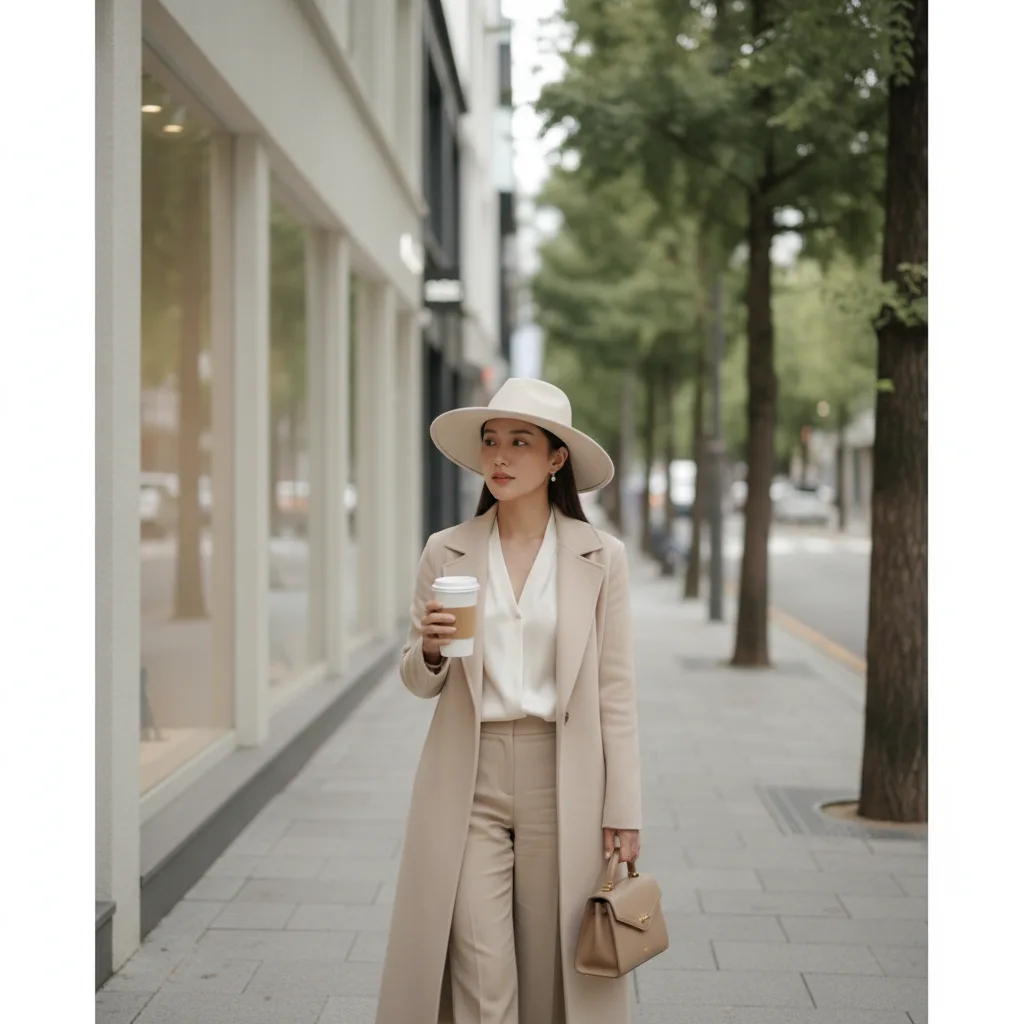 A woman with hydrated glowing skin walking a quiet Apgujeong street after a chemical peel appointment, wearing a wide-brim hat.