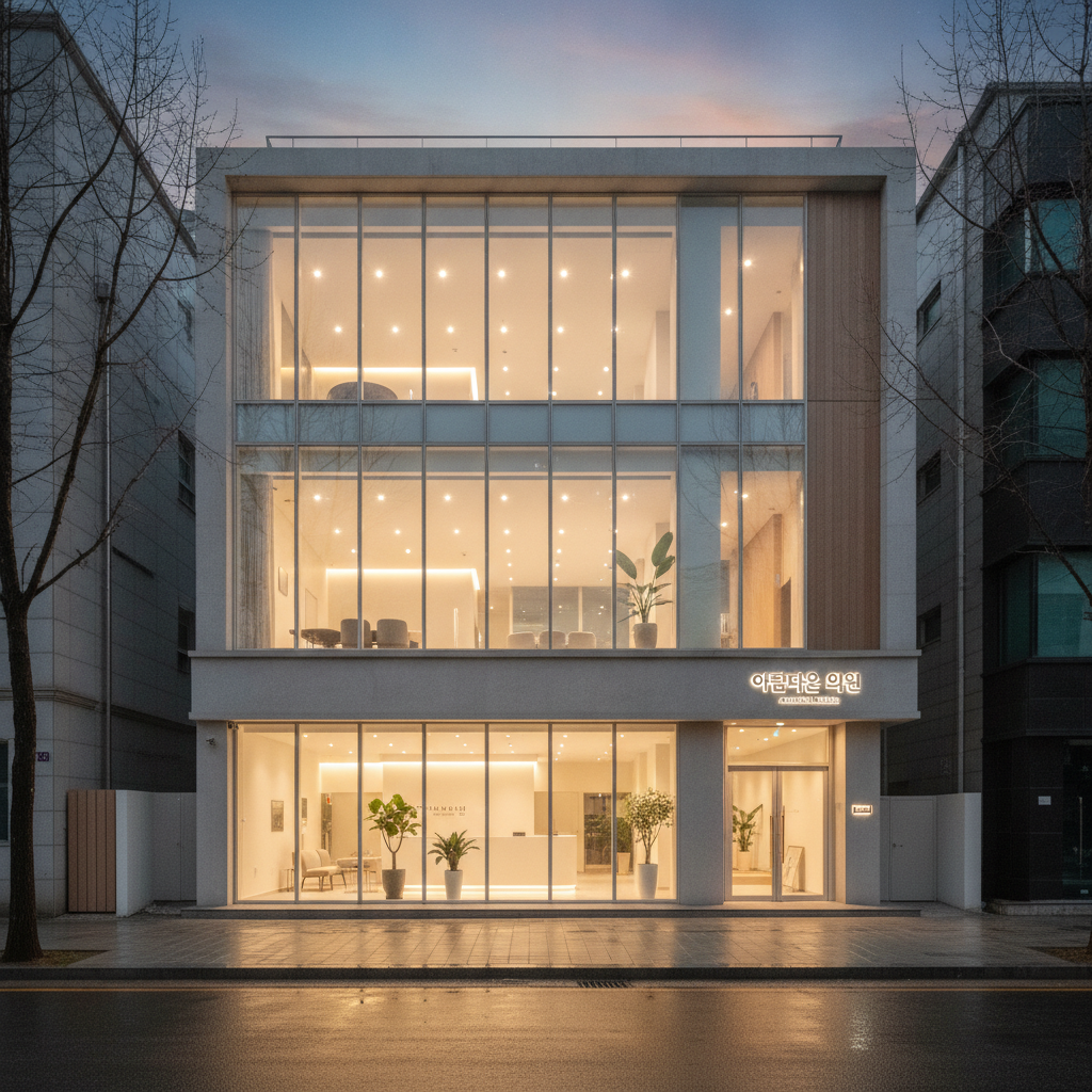 Modern aesthetic clinic exterior at dusk in Gangnam, Seoul, warm interior lighting through glass facade.